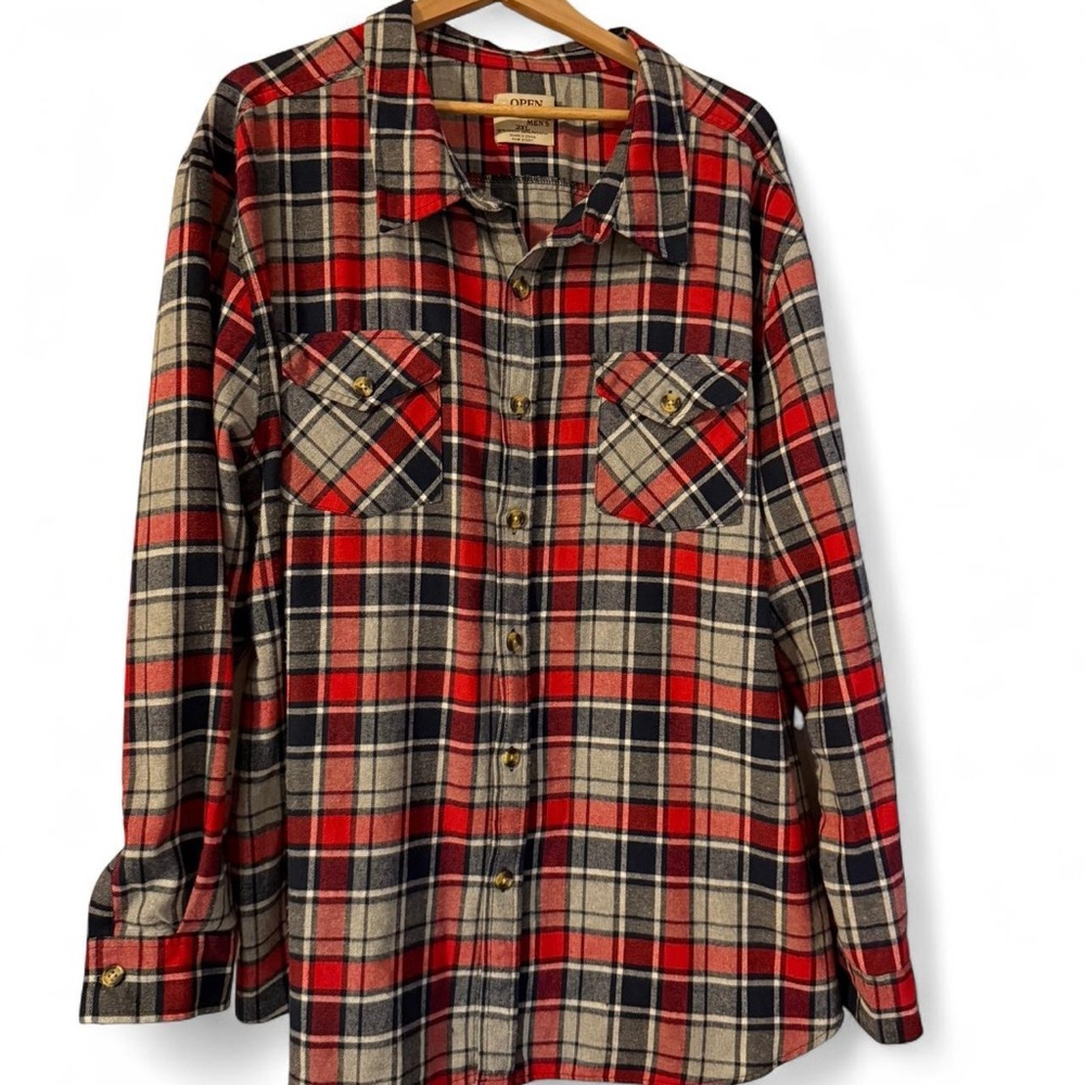 Red and Beige Plaid Button-Up Shirt brand Open Trails, size 2XL